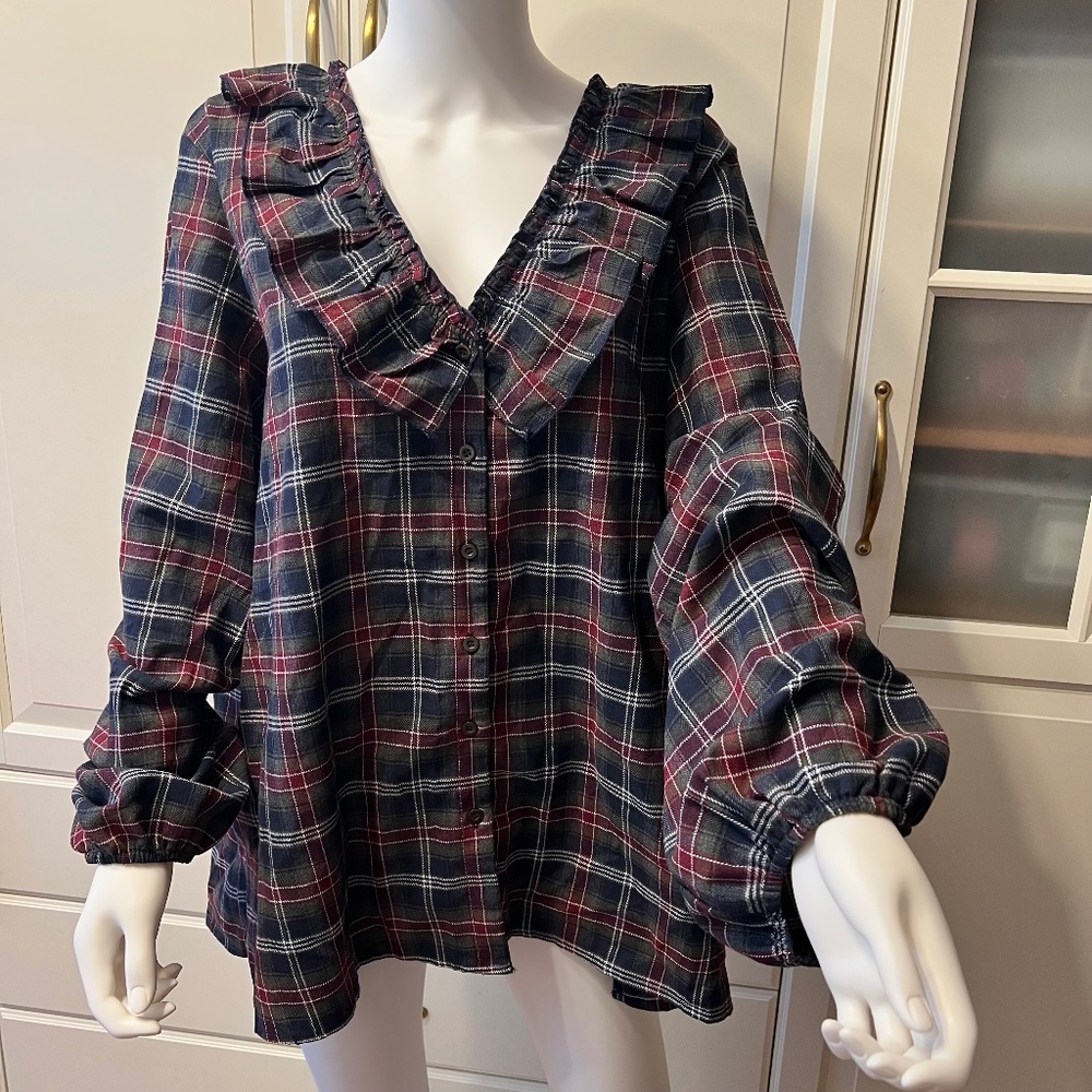 SUZANNE BETRO Navy, Olive & Burgundy Plaid Ruffle-Trim V-Neck (3X) NEW w/TAGS